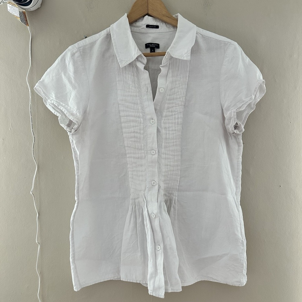 Talbots Womens Irish Linen Pleated Blouse Size M White Collared Preppy Old Money